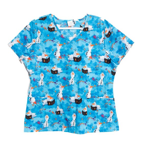 Disney Frozen Size L Olaf Snowman Blue Scrub Top Medical Nursing Uniform - Picture 1 of 8